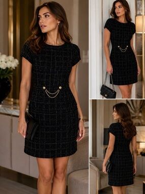 Milly of New York Black Tweed Mini Dress with Gold Chain Detail
